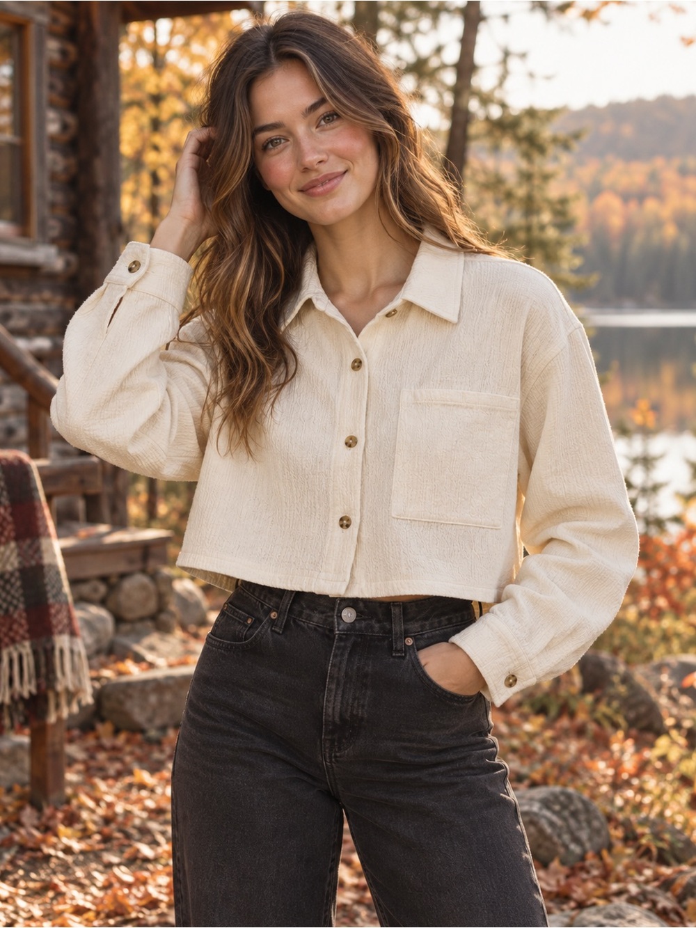 Oak + Fort Cream Cropped Textured Button Up Shacket XS Cabincore Fall Gorpcore